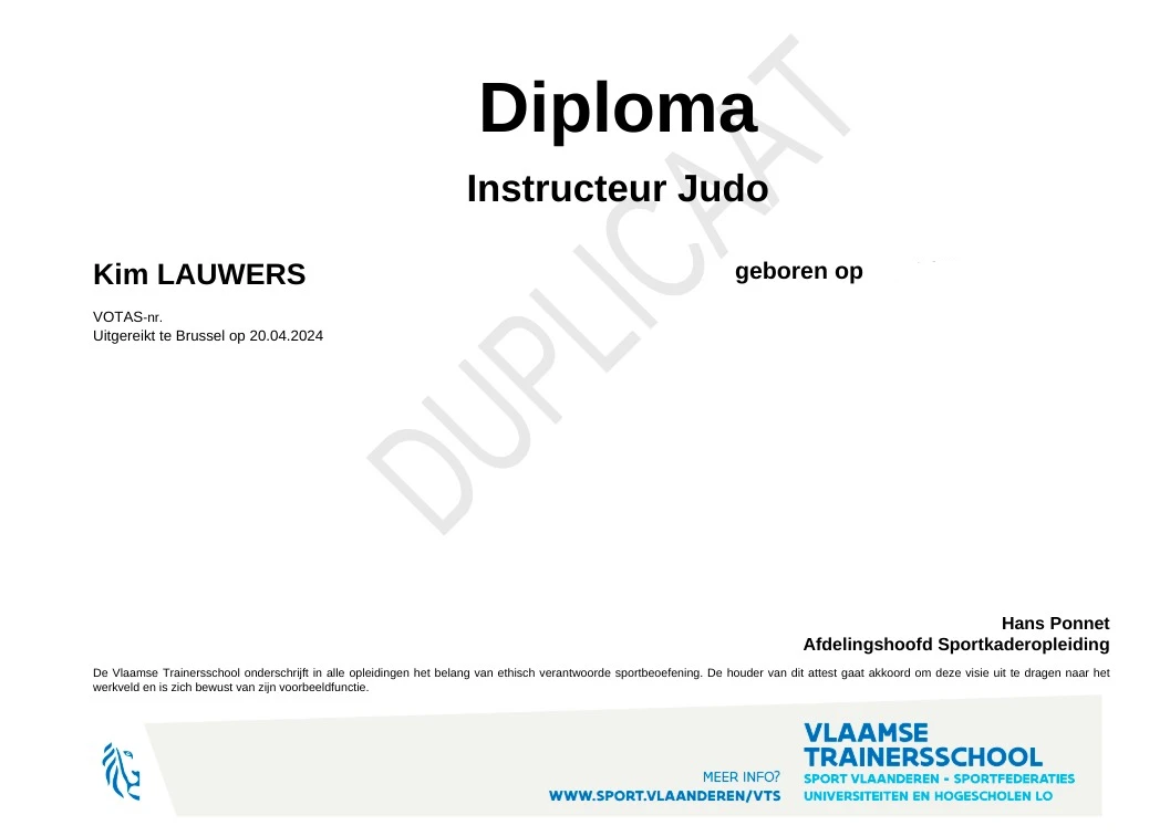 Duplicaat van Kim Lauwers zijn Instructeur B Judo Diploma