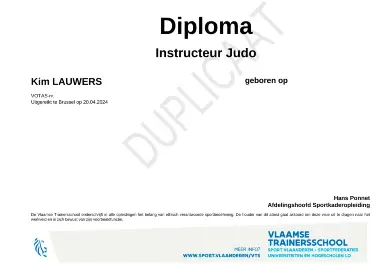 Duplicaat van Kim Lauwers zijn Instructeur B Judo Diploma